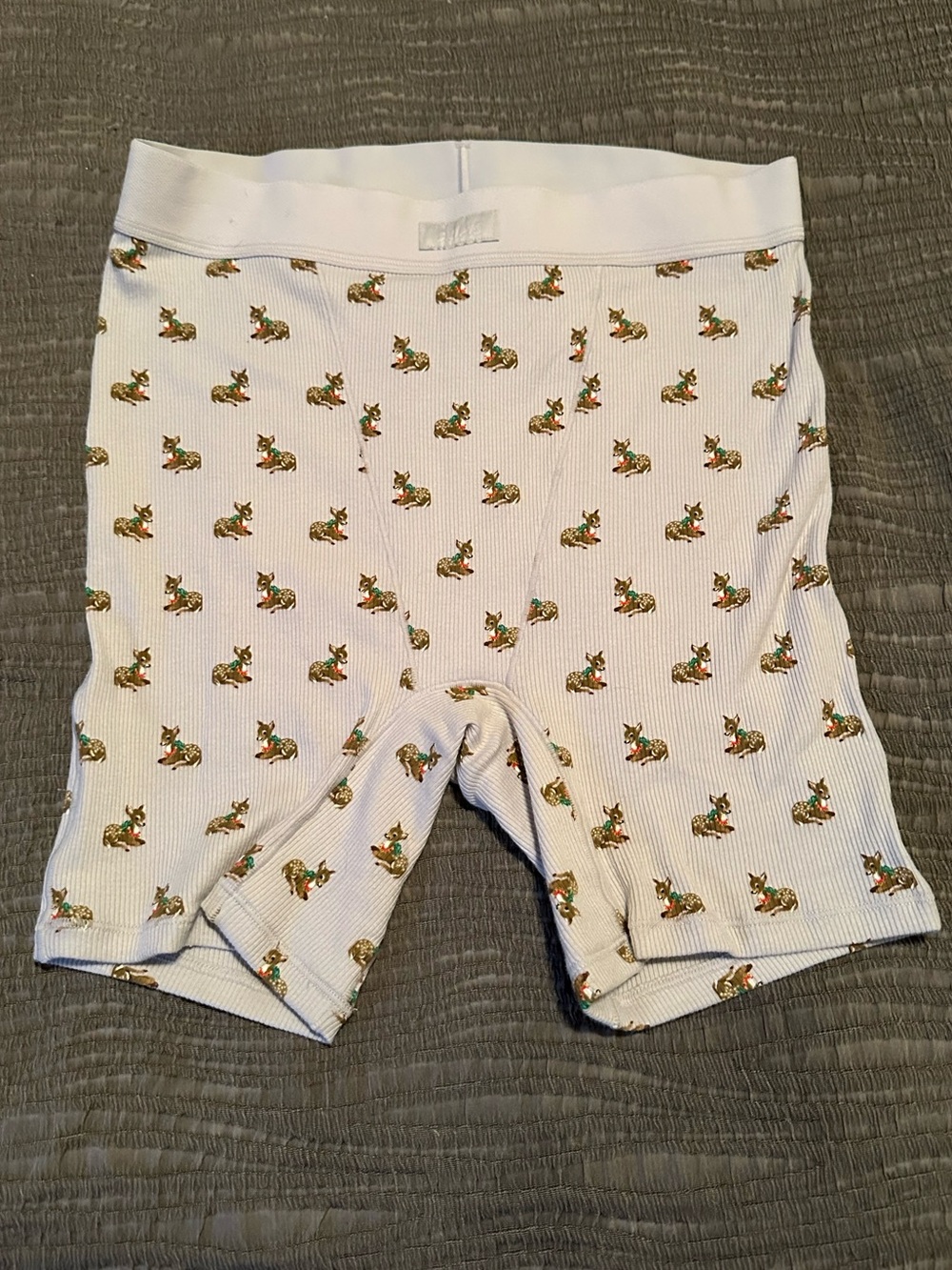SKIMS Zen Blue Ribbed Boxer Short with Holiday Baby Deer Print. NWOT